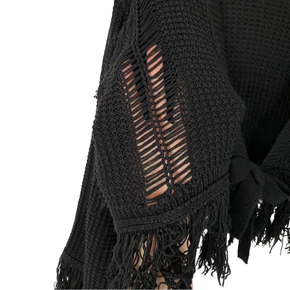 Tularosa Fringe Cardigan Sweater Womens Size Small Black Tie Front Cropped - Picture 6 of 12